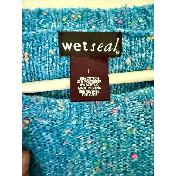 Vintage Y2K Wet Seal Neon Blue Yellow Crewneck Fuzzy Sweater Med Large Winter - Picture 4 of 5